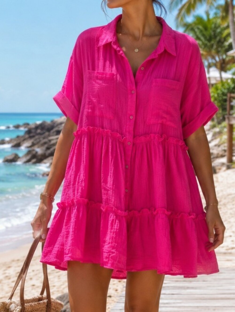 NWOT Aura Oversized Pink Layered 100% Cotton Dress Sz S